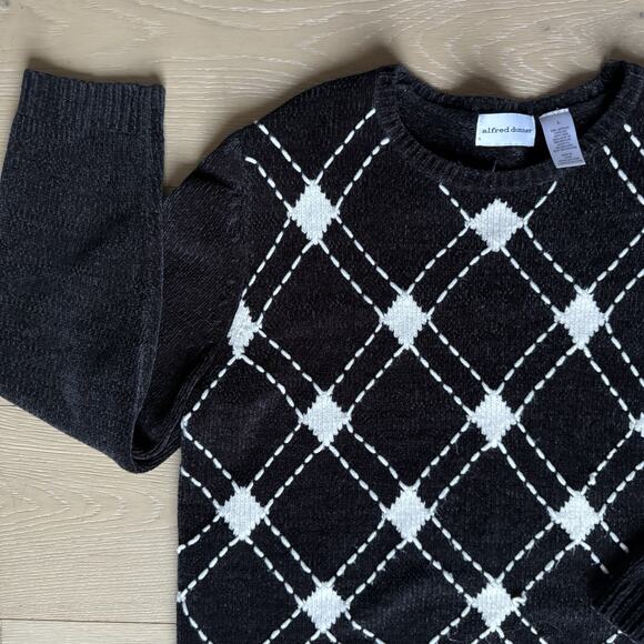 90s Black White Womens Argyle Sweater Large Alfred Dunner Preppy Whimseygoth - Picture 2 of 6